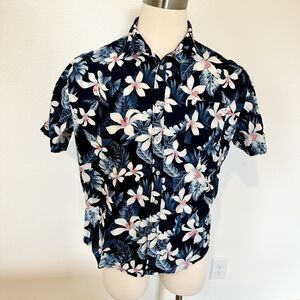 COOFANDY Hawaiian Shirt Pearl Button Up Short Sleeve Blue Floral Lilies Sz L